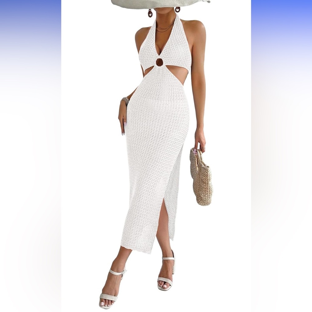 White Crochet Halter Honeymoon Bride Beach Dress Resort Summer Swim Woven
